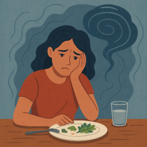 Mulher com expressão preocupada sentada diante de um prato de comida, simbolizando a conexão entre ansiedade e alimentação