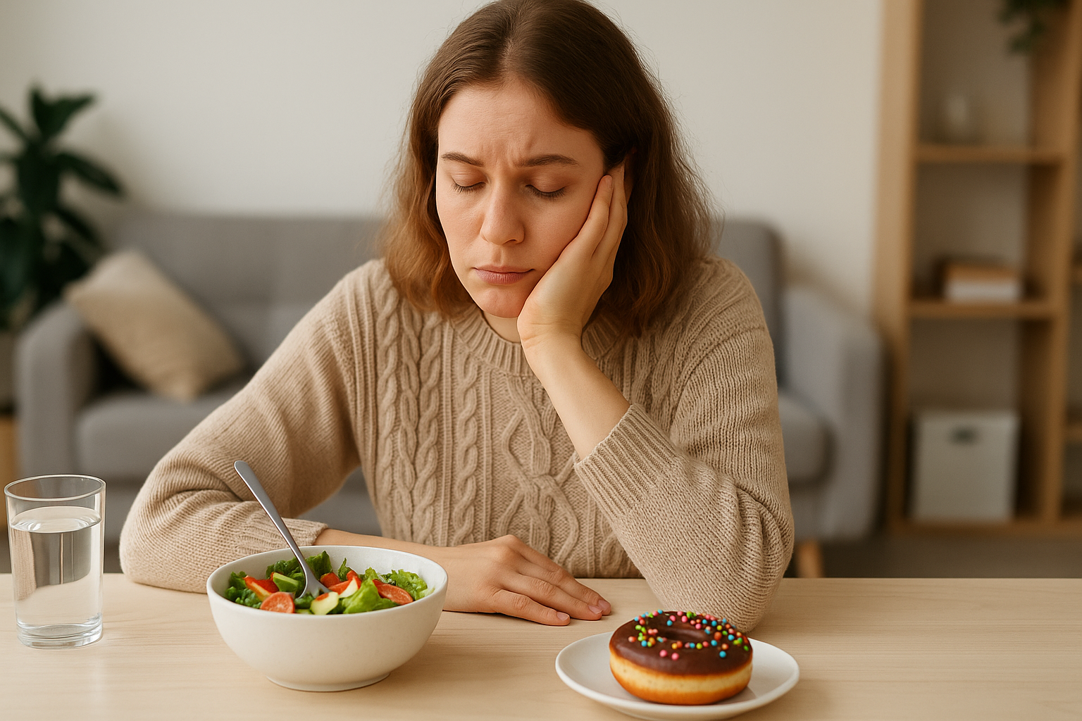 Mulher jovem com expressão pensativa sentada à mesa, olhando para uma tigela de salada e um donut com cobertura de chocolate, representando o conflito emocional entre alimentação saudável e desejo por alimentos considerados "proibidos".