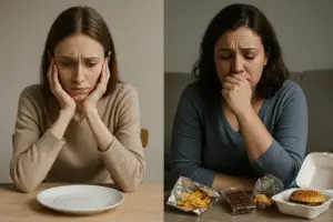 Duas mulheres em ambientes distintos: uma diante de um prato vazio, com expressão de ansiedade; a outra cercada por embalagens de comida, com expressão de culpa. Fundo neutro, foco nas emoções.