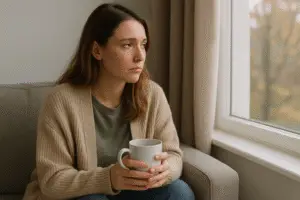 Mulher refletindo sobre sua recuperação de transtorno alimentar enquanto segura uma caneca e olha pela janela, em um ambiente calmo e acolhedor.