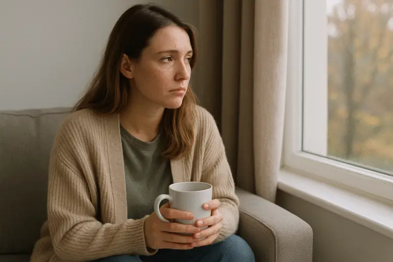 Mulher refletindo sobre sua recuperação de transtorno alimentar enquanto segura uma caneca e olha pela janela, em um ambiente calmo e acolhedor.