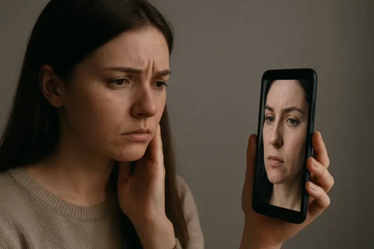 Mulher olhando o celular, ilustrando a relação entre redes sociais e transtornos alimentares e o impacto na imagem corporal.