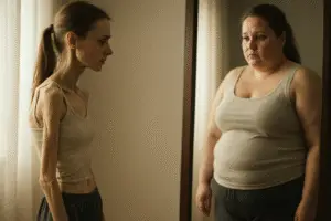 Mulher com anorexia vendo imagem distorcida no espelho.