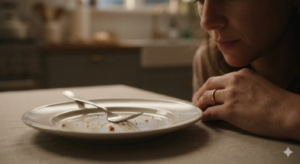 Uma mulher olha para um prato vazio com migalhas, refletindo sobre o comer emocional e a fome psicológica em sua cozinha.