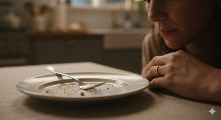 Uma mulher olha para um prato vazio com migalhas, refletindo sobre o comer emocional e a fome psicológica em sua cozinha.